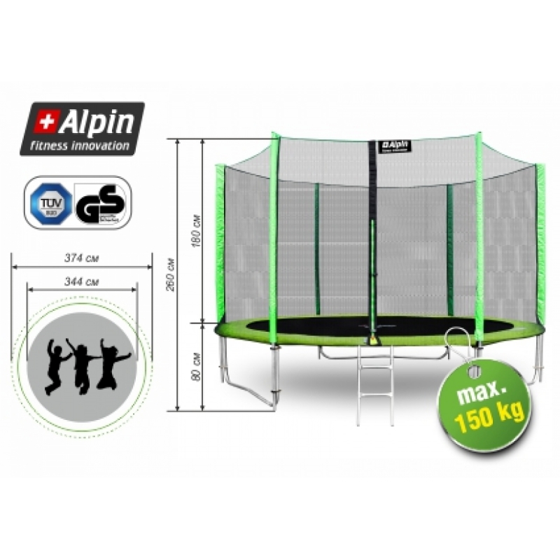Батут Alpin 3.74 м. с защитной сеткой и лестницей (зеленый)