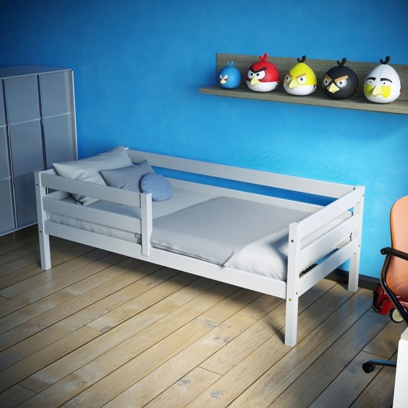Односпальная кровать с бортиком и ящиками Альф из массива сосны (белая)