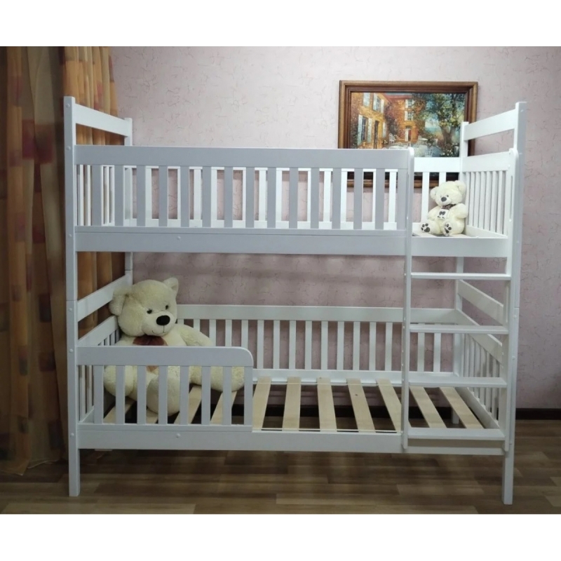 Двухъярусная кровать c бортиком из массива ольхи Белоснежка (белая)