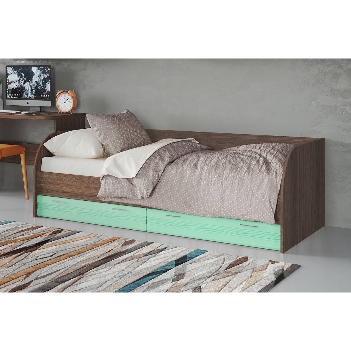 Кровать подростковая Лотос КР-804, цвет рэд фокс + зеленый