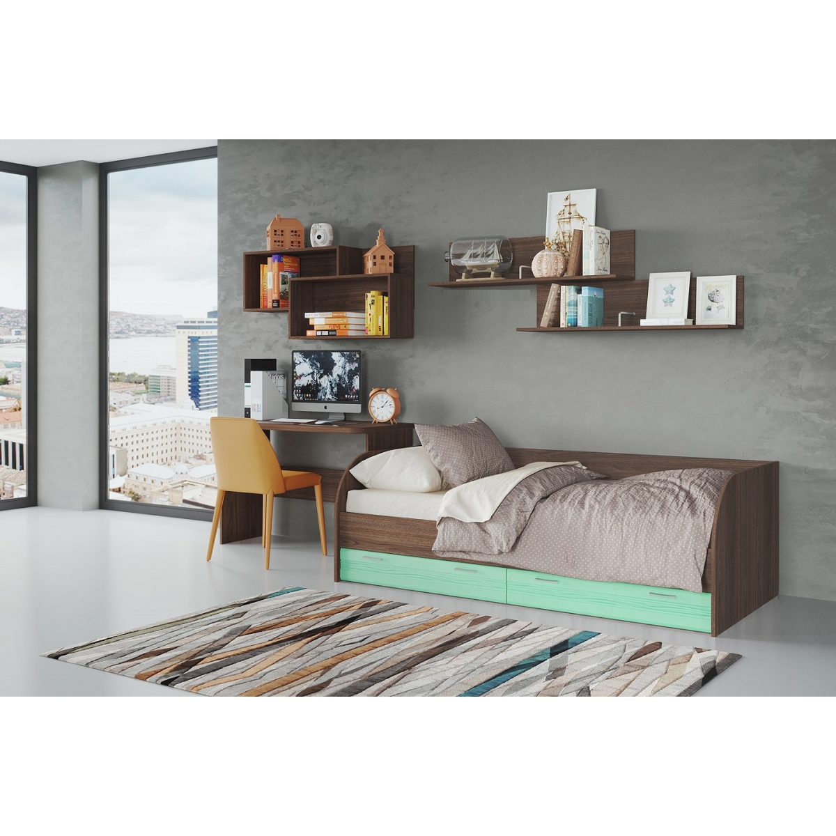 Кровать подростковая Лотос КР-804, цвет рэд фокс + зеленый
