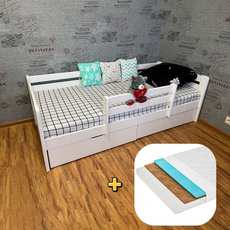 Комплект Кровать Ecodrev Классик с бортиком и ящиками (белая) + матрас Kinder 4