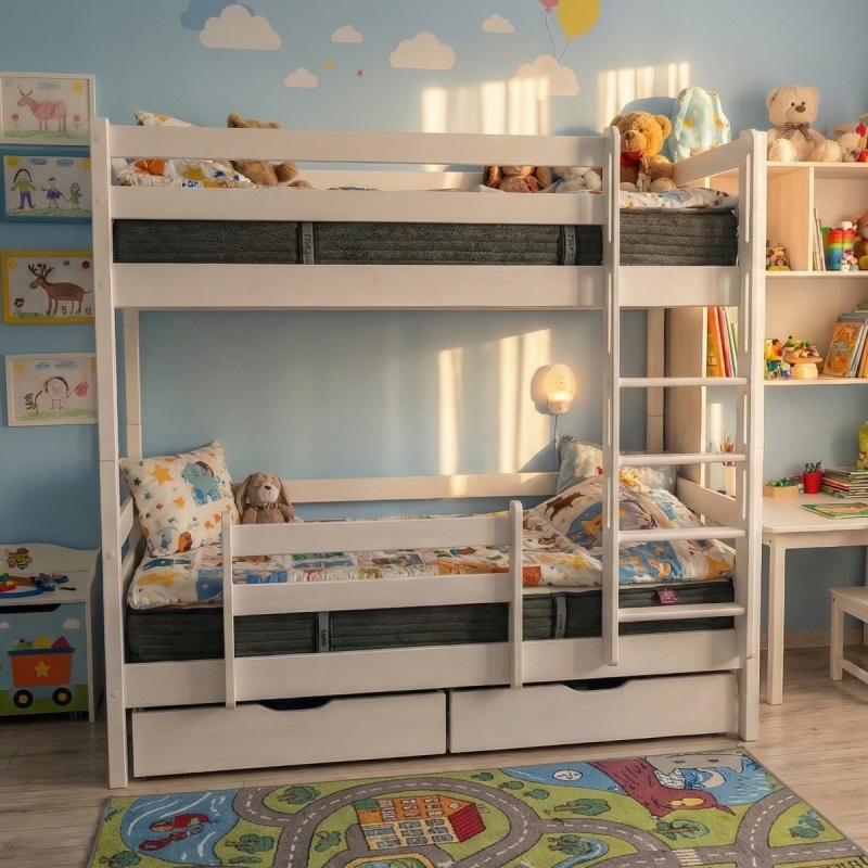 Двухъярусная кровать Ecodrev МФ-1 с лестницей-штурмовкой, бортиком и ящиками (белая)