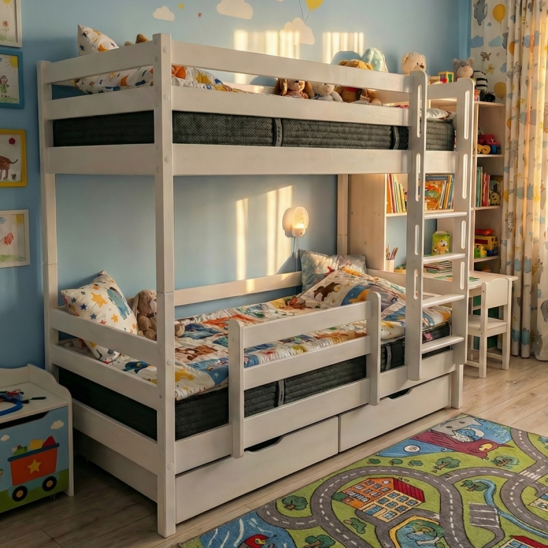 Двухъярусная кровать Ecodrev МФ-1 с лестницей-штурмовкой, бортиком и ящиками (белая)