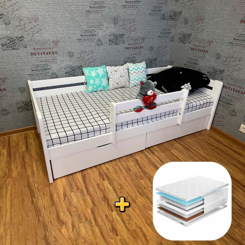 Комплект Кровать Ecodrev Классик с бортиком и ящиками (белая) и матрас ТОП-4 MINI
