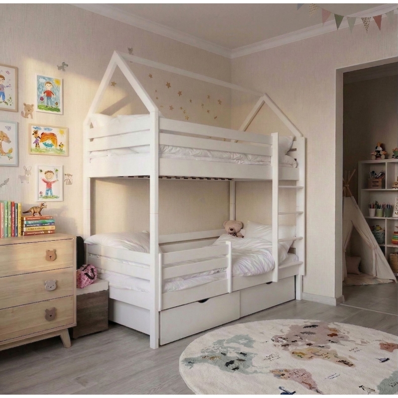 Двухъярусная кровать Rostik 2в1 с крышей (белая) без нижнего бортика и ящиков