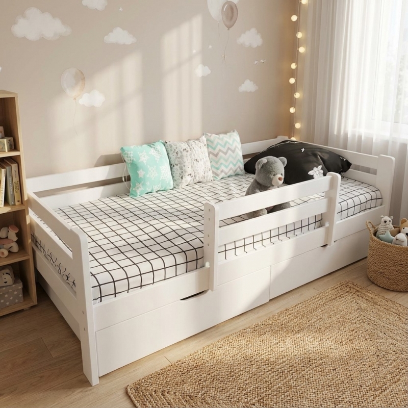 Кровать Ecodrev Классик с ящиками и бортиком (белая)