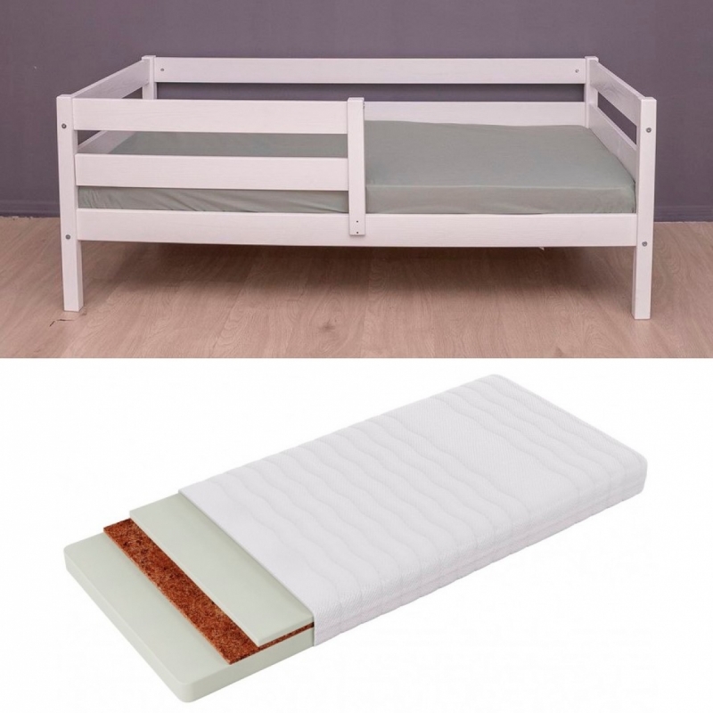 Комплект односпальная кровать с бортиком Альф из массива сосны (белая) + матрас Kinder 4