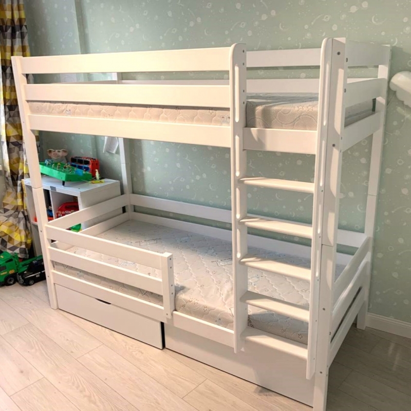 Двухъярусная кровать Ecodrev МФ-1 с лестницей-штурмовкой, бортиком и ящиками (белая)