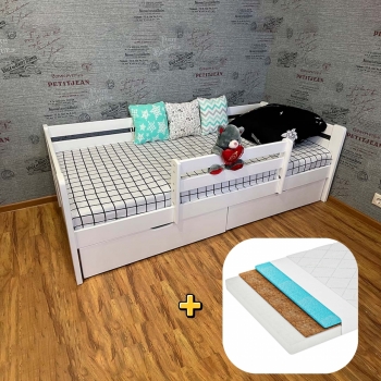 Комплект Кровать Ecodrev Классик с бортиком и ящиками (белая) + матрас Kinder 4