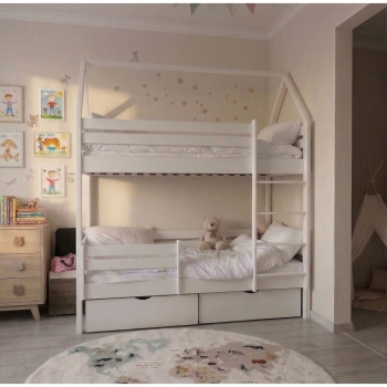 Двухъярусная кровать Rostik 2в1 с крышей (белая) без нижнего бортика и ящиков